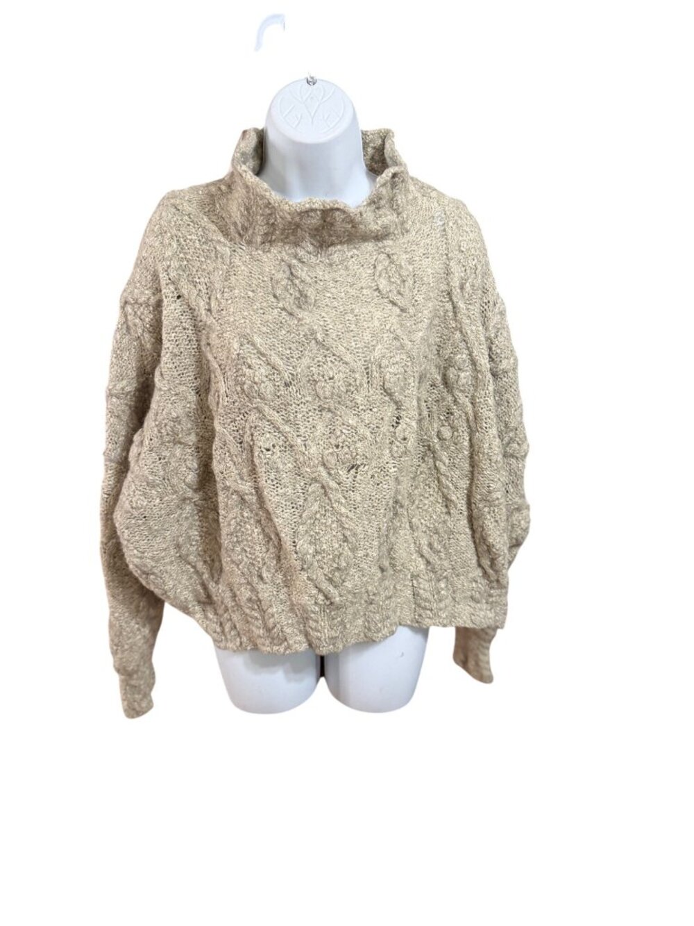 Lainey Keogh Hand-Knit Wool Blend Cable Knit Sweater With High Neck Beige